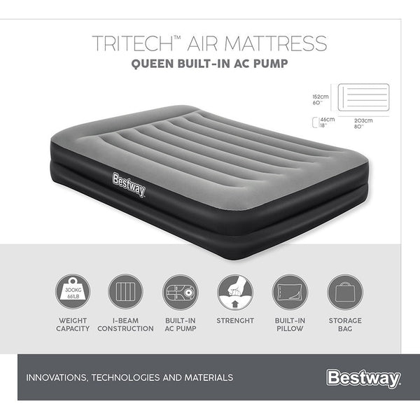 Bestway 2.03M X 1.52M 46Cm Tritech Air Mattress Queen Built In Ac Pump Inflatable Mattresses & Airbeds