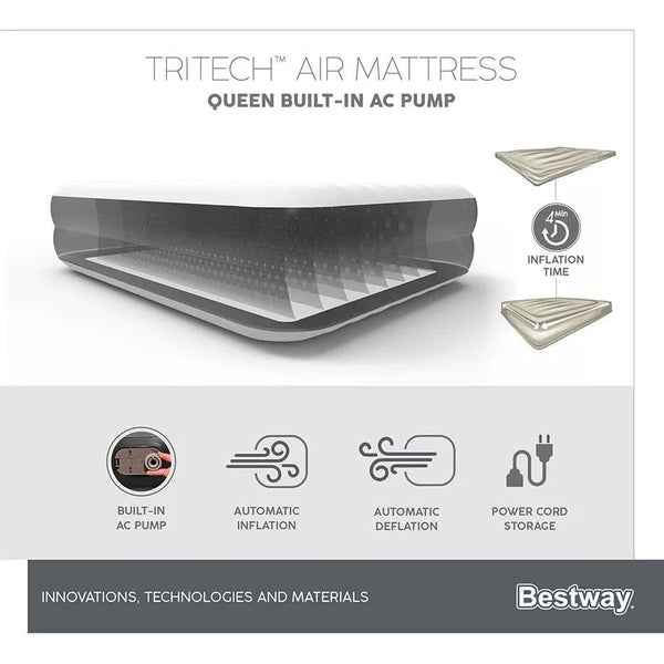 Bestway 2.03M X 1.52M 46Cm Tritech Air Mattress Queen Built In Ac Pump Inflatable Mattresses & Airbeds