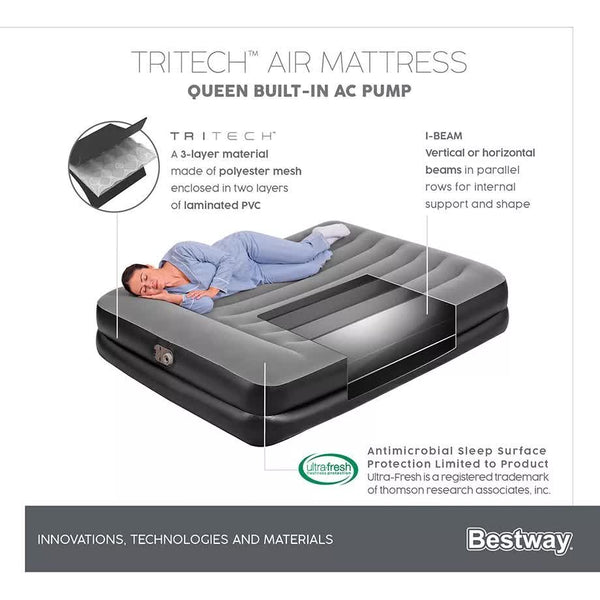 Bestway 2.03M X 1.52M 46Cm Tritech Air Mattress Queen Built In Ac Pump Inflatable Mattresses & Airbeds