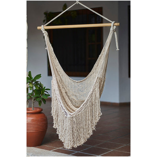 Mayan Legacy Fringed Cotton Rope Mexican Hammock Swing From Mexico In Ivory Hammocks