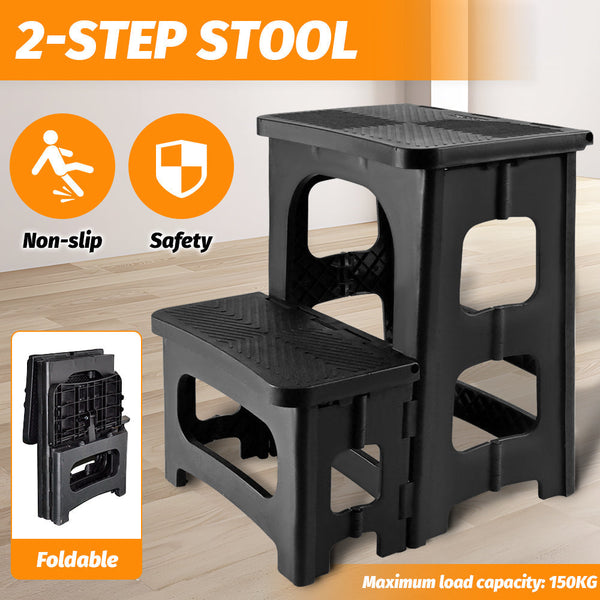 Multipurpose Portable Folding 2 Step Stool Non Slip Pp Collapsible Ladder For Office Garage Library Closet Bathroom Kitchen Household Car Rv Ladders