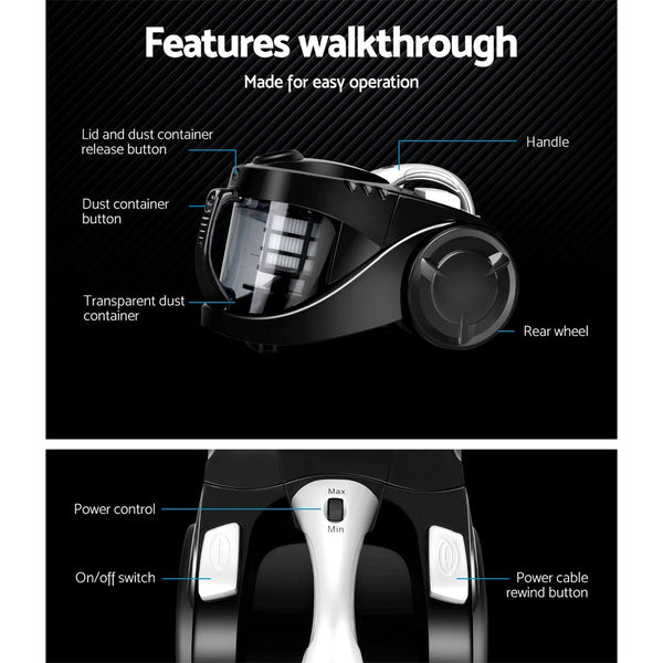 Devanti 2200W Bagless Vacuum Cleaner Black Vacuum Cleaners