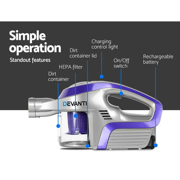 Devanti Stick Vacuum Cleaner Roller Brush Cordless 150W Purple Vacuum Cleaners