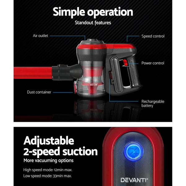 Devanti Stick Vacuum Cleaner Brushless Cordless 250W Red Vacuum Cleaners