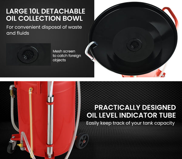T Rex 80L Mobile Waste Oil Drainer Tank Pneumatic Telescopic Extractor Probes Workshop Fuel Funnels