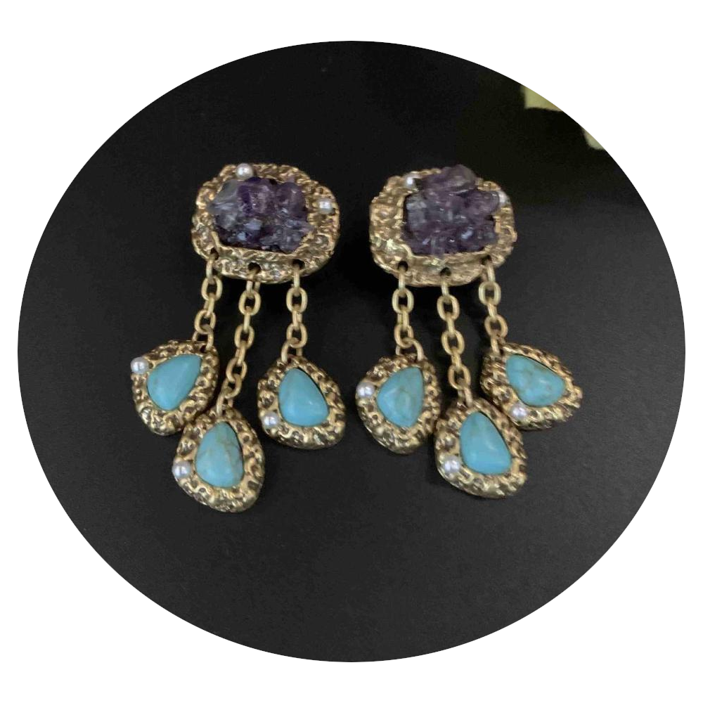 Veile Studios Heavy Turquoise Tassel Alloy Artistic Retro Design Earrings