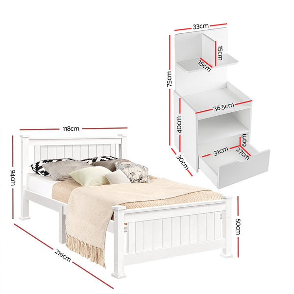 Artiss King Single Bed Frame And Bedside Table White King Single Bed Frames