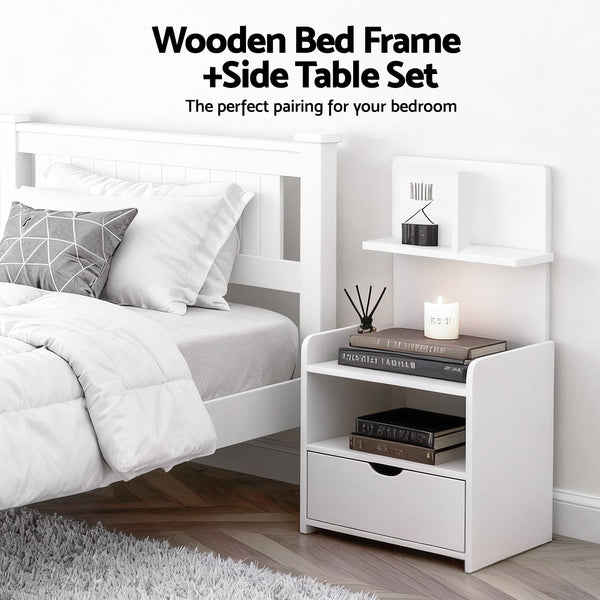 Artiss King Single Bed Frame And Bedside Table White King Single Bed Frames