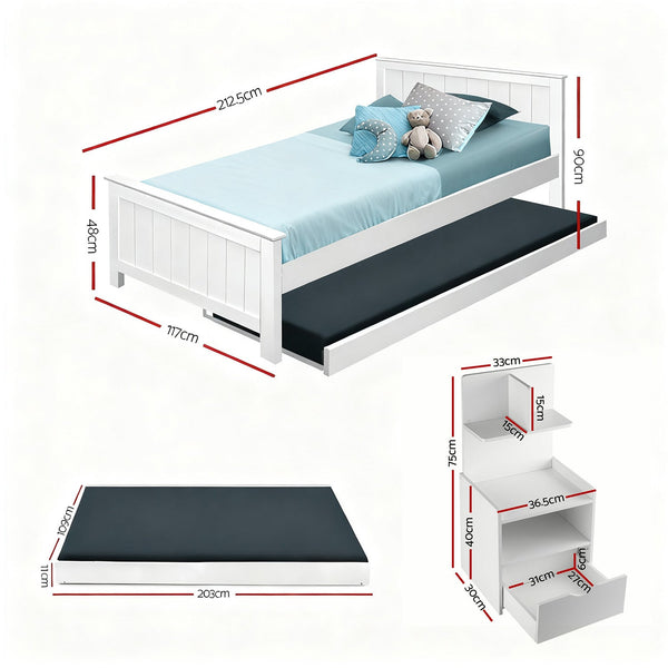 Artiss King Single Bed Frame And Bedside Table White King Single Bed Frames