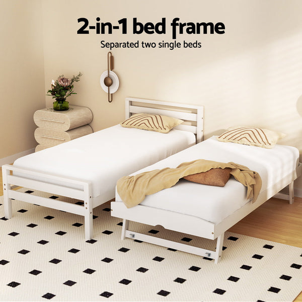 Artiss Bed Frame Single Size 2 In 1 Trundle Wooden White Avis Single Bed Frames