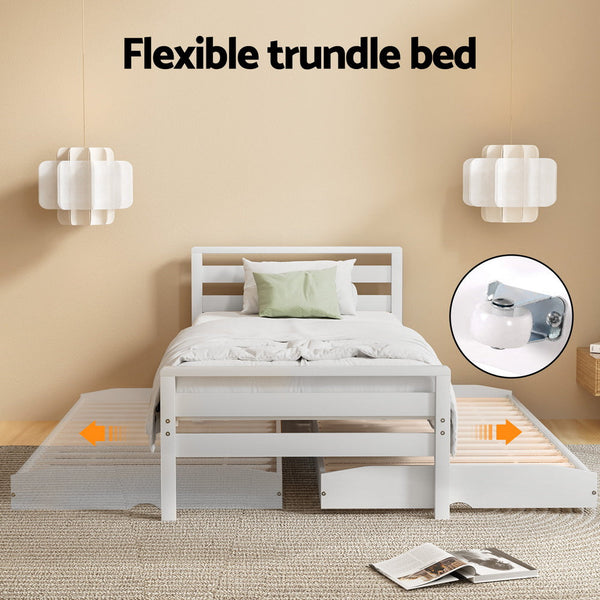 Artiss Bed Frame Single Size 2 In 1 Trundle Wooden White Avis Single Bed Frames