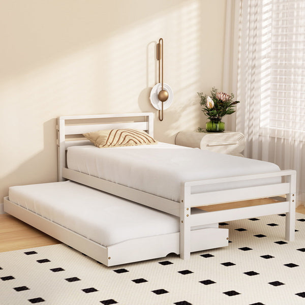 Artiss Bed Frame Single Size 2 In 1 Trundle Wooden White Avis Single Bed Frames