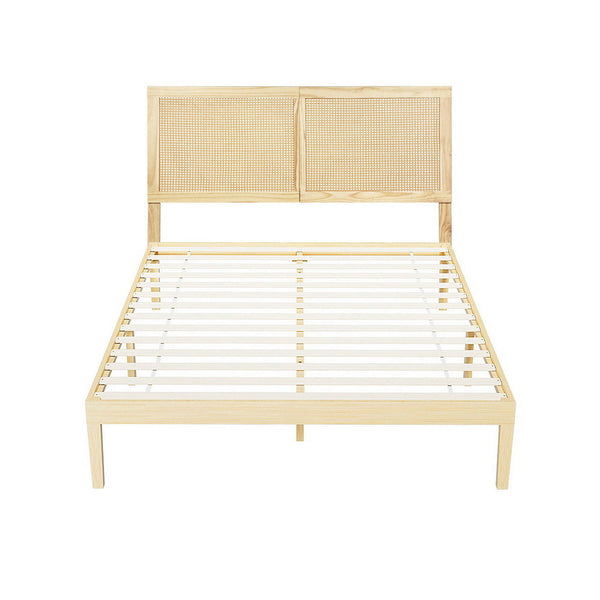 Artiss Bed Frame Double Size With Rattan Headboard Wooden Base Bruno Double Bed Frames