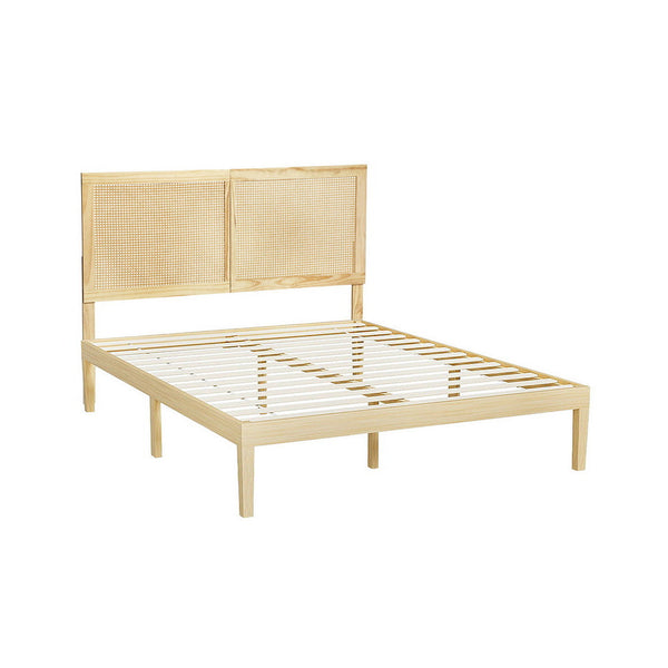 Artiss Bed Frame Double Size With Rattan Headboard Wooden Base Bruno Double Bed Frames