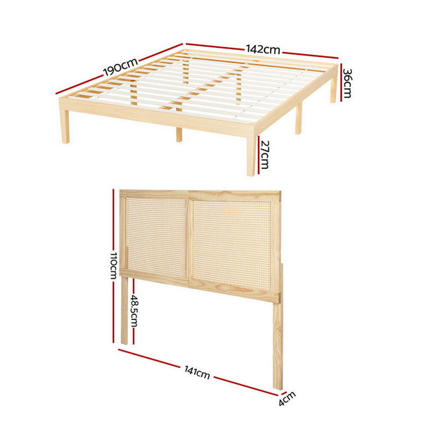 Artiss Bed Frame Double Size With Rattan Headboard Wooden Base Bruno Double Bed Frames
