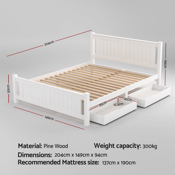Artiss Bed Frame Double Size Wooden Platform With 2 Storage Drawers White Rio Double Bed Frames