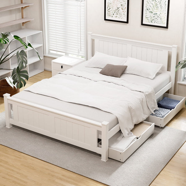 Artiss Bed Frame Double Size Wooden Platform With 2 Storage Drawers White Rio Double Bed Frames