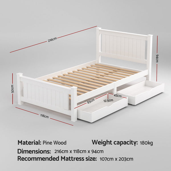 Artiss Bed Frame King Single Size Wooden Platform With 2 Storage Drawers White Rio King Single Bed Frames