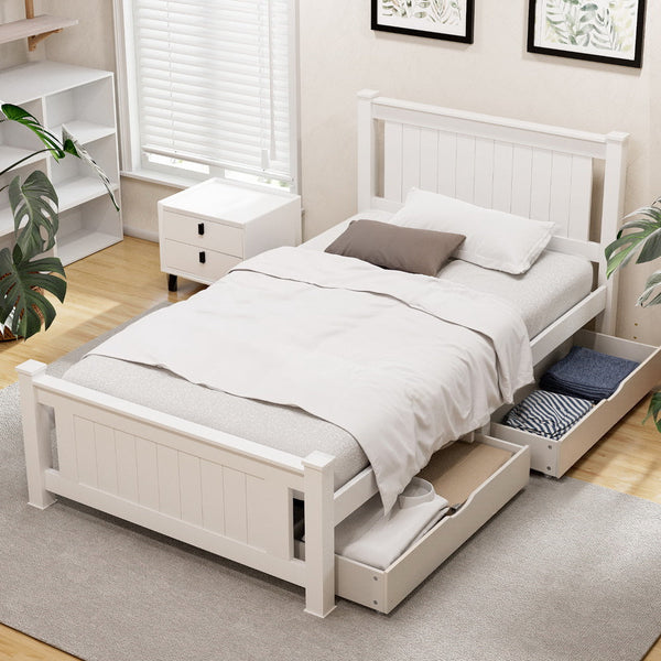 Artiss Bed Frame King Single Size Wooden Platform With 2 Storage Drawers White Rio King Single Bed Frames