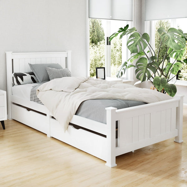 Artiss Bed Frame Single Size Wooden With 2 Drawers White Rio Single Bed Frames