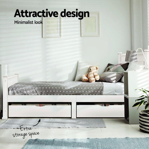 Artiss Bed Frame Single Size Wooden With 2 Drawers White Rio Single Bed Frames