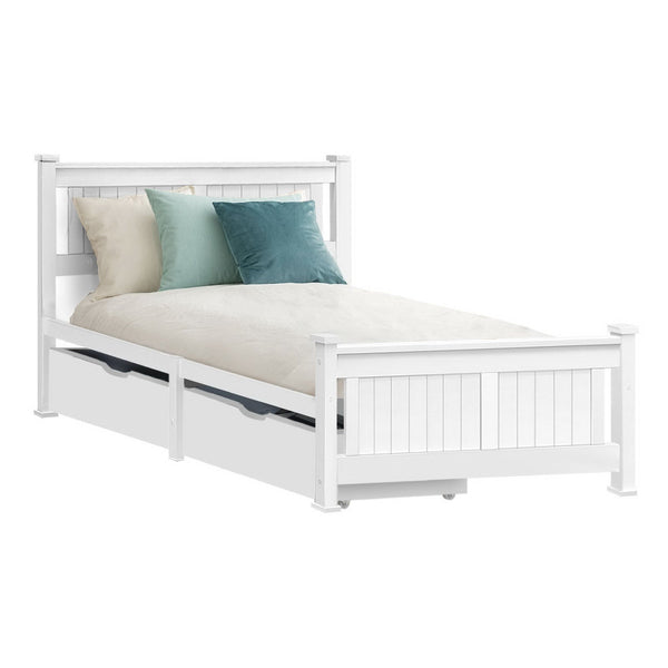 Artiss Bed Frame Single Size Wooden With 2 Drawers White Rio Single Bed Frames