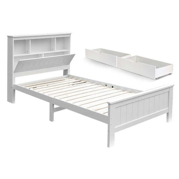 Artiss Bed Frame King Single Size Wooden With 2 Storage Drawers White King Single Bed Frames