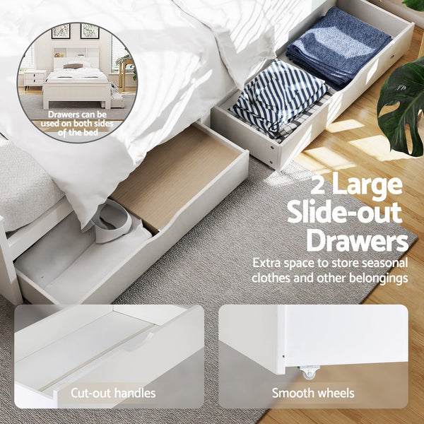 Artiss Bed Frame King Single Size Wooden With 2 Storage Drawers White King Single Bed Frames