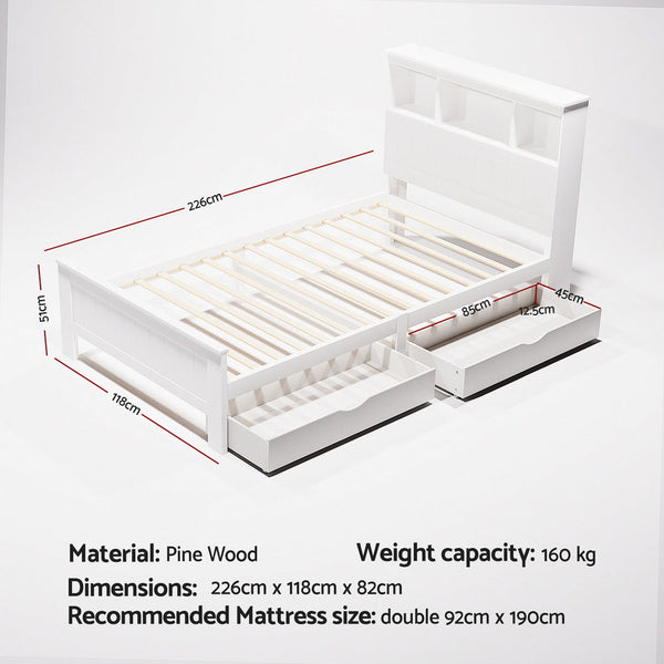 Artiss Bed Frame King Single Size Wooden With 2 Storage Drawers White King Single Bed Frames