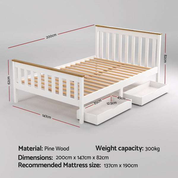 Artiss Bed Frame Double Size Wooden Platform With 2 Storage Drawers White Pony Double Bed Frames