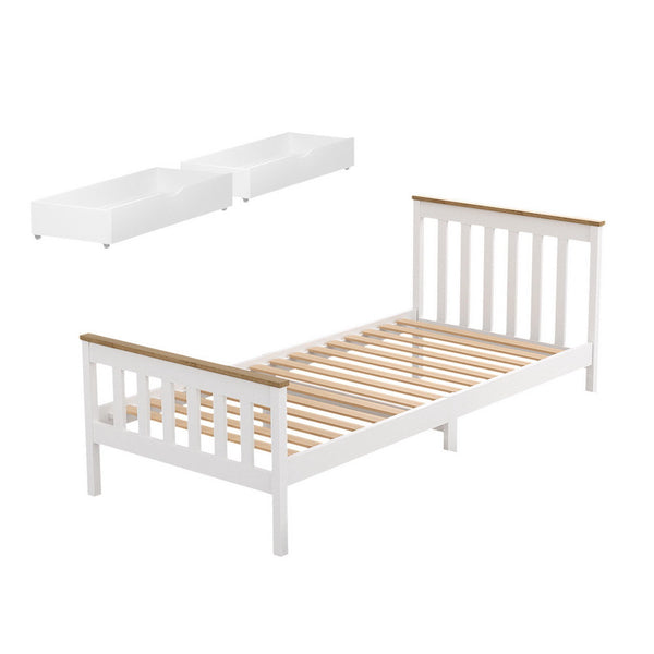 Artiss Bed Frame Single Size Wooden Platform With 2 Storage Drawers White Pony Single Bed Frames