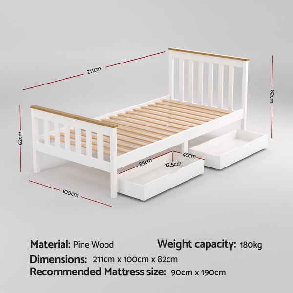 Artiss Bed Frame Single Size Wooden Platform With 2 Storage Drawers White Pony Single Bed Frames