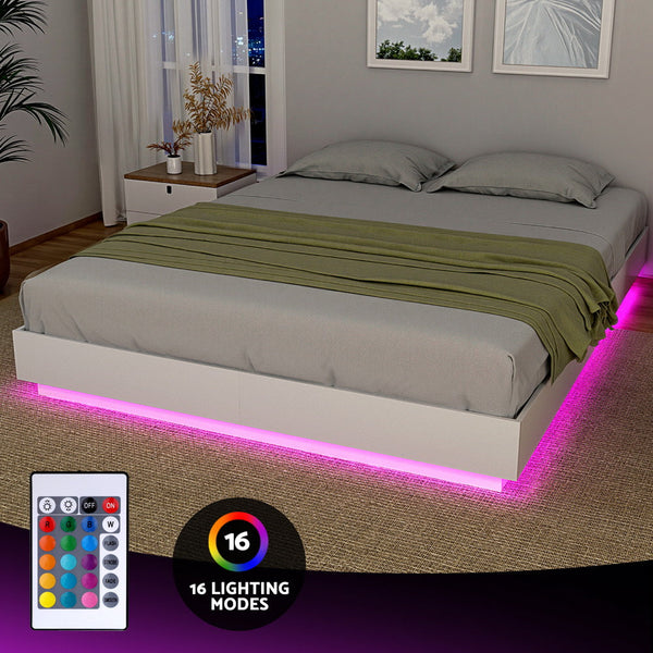 Artiss Double Bed Frame With 16Colour Led Light Wooden Platform Base Dayglow Double Bed Frames