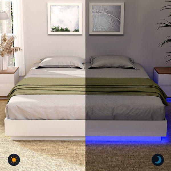 Artiss Double Bed Frame With 16Colour Led Light Wooden Platform Base Dayglow Double Bed Frames