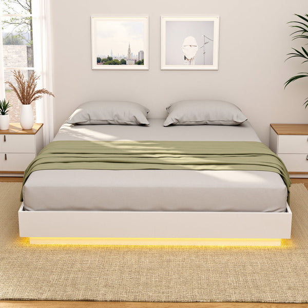 Artiss Double Bed Frame With 16Colour Led Light Wooden Platform Base Dayglow Double Bed Frames