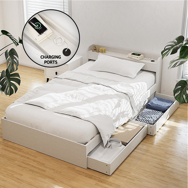 Artiss Bed Frame Single Size With Charging Ports And 2 Drawers Aura Single Bed Frames