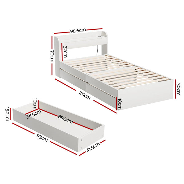 Artiss Bed Frame Single Size With Charging Ports And 2 Drawers Aura Single Bed Frames