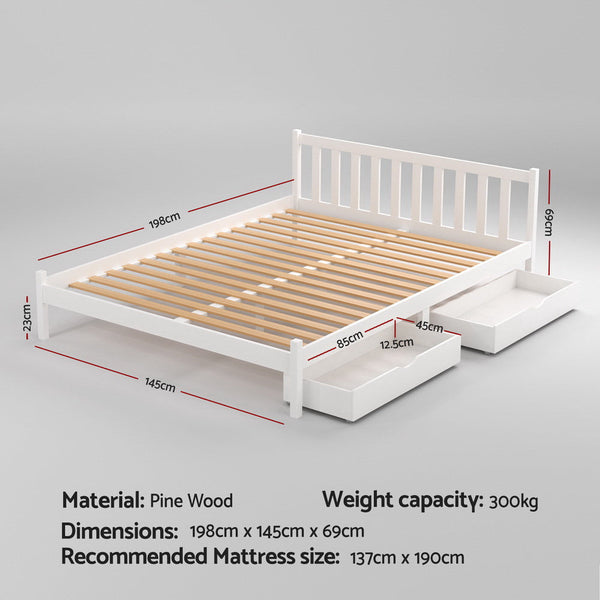 Artiss Bed Frame Double Size Wooden Platform With 2 Storage Drawers White Sofie Double Bed Frames