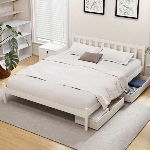 Artiss Bed Frame Double Size Wooden Platform With 2 Storage Drawers White Sofie Double Bed Frames