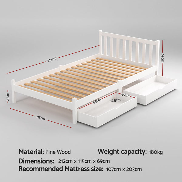 Artiss Bed Frame King Single Size Wooden Platform With 2 Storage Drawers White King Single Bed Frames