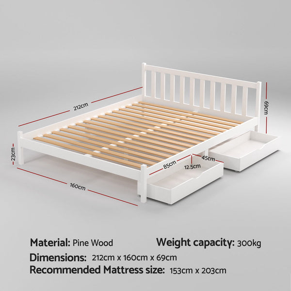 Artiss Bed Frame Queen Size Wooden Platform With 2 Storage Drawers White Queen Bed Frames