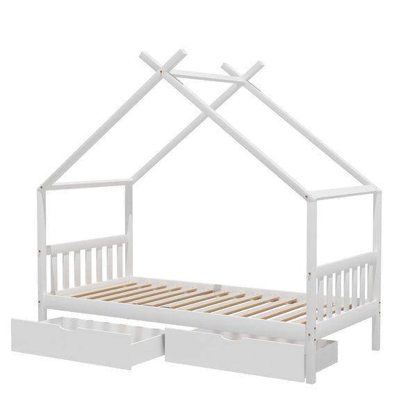 Artiss Bed Frame Wooden Base Kids Single Timber House With 2 Storage Drawers Beds White Single Bed Frames