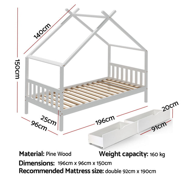 Artiss Bed Frame Wooden Base Kids Single Timber House With 2 Storage Drawers Beds White Single Bed Frames