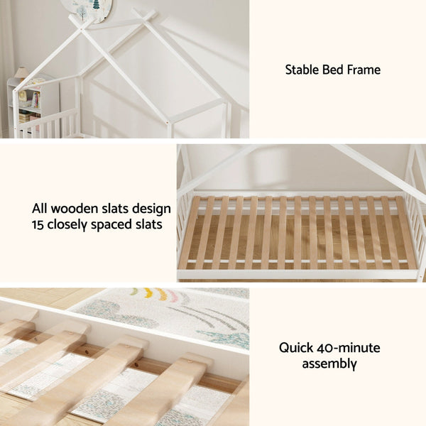 Artiss Bed Frame Wooden Base Kids Single Timber House With 2 Storage Drawers Beds White Single Bed Frames