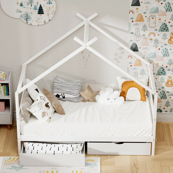 Artiss Bed Frame Wooden Base Kids Single Timber House With 2 Storage Drawers Beds White Single Bed Frames