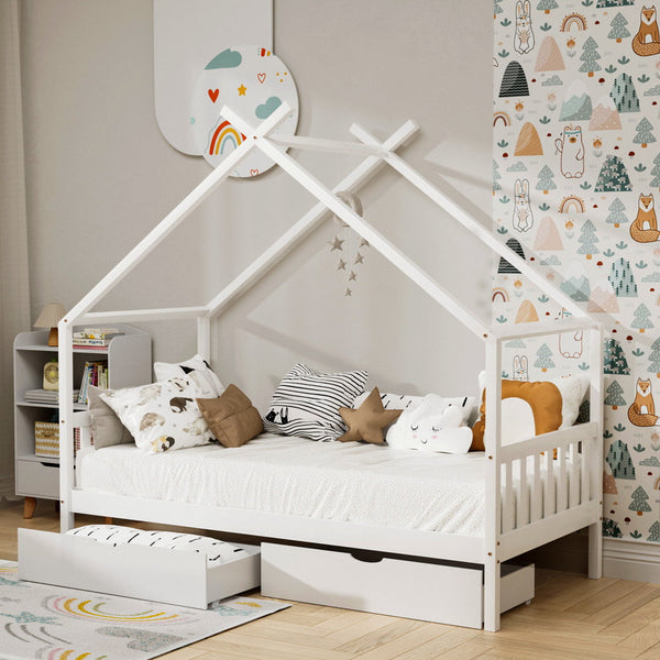 Artiss Bed Frame Wooden Base Kids Single Timber House With 2 Storage Drawers Beds White Single Bed Frames