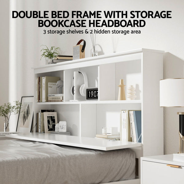 Artiss Bed Frame Double Size Wooden With 3 Shelves Head White Double Bed Frames