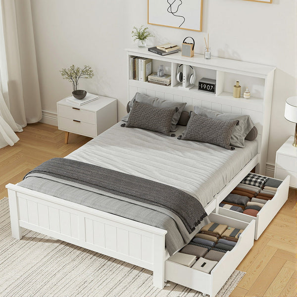 Artiss Bed Frame Double Size Wooden With 3 Shelves Head White Double Bed Frames