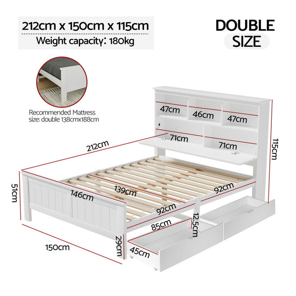 Artiss Bed Frame Double Size Wooden With 3 Shelves Head White Double Bed Frames