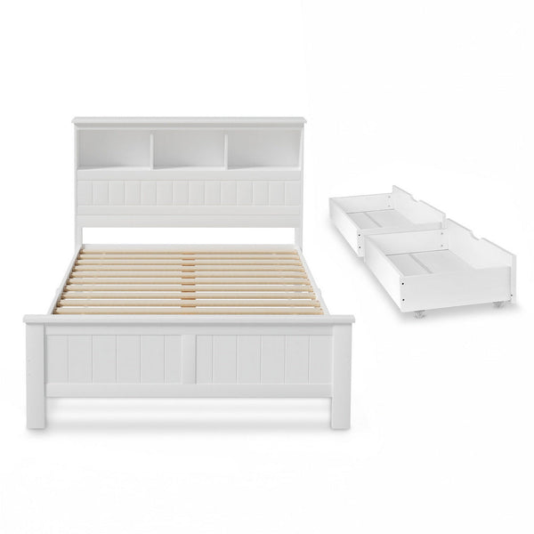 Artiss Bed Frame Double Size Wooden With 3 Shelves Head White Double Bed Frames